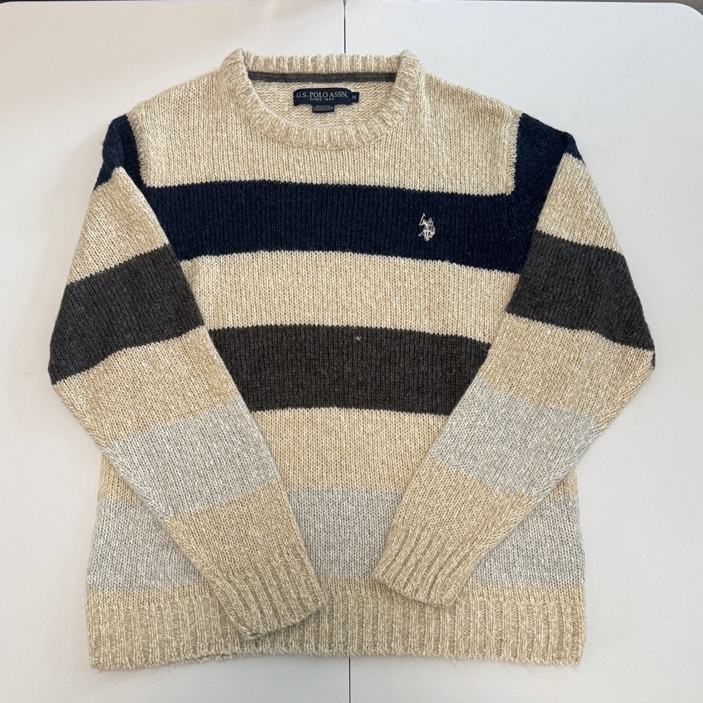 U.S. Polo Assn. Men's Crewneck Sweater - Navy, Gray, and Beige Stripes